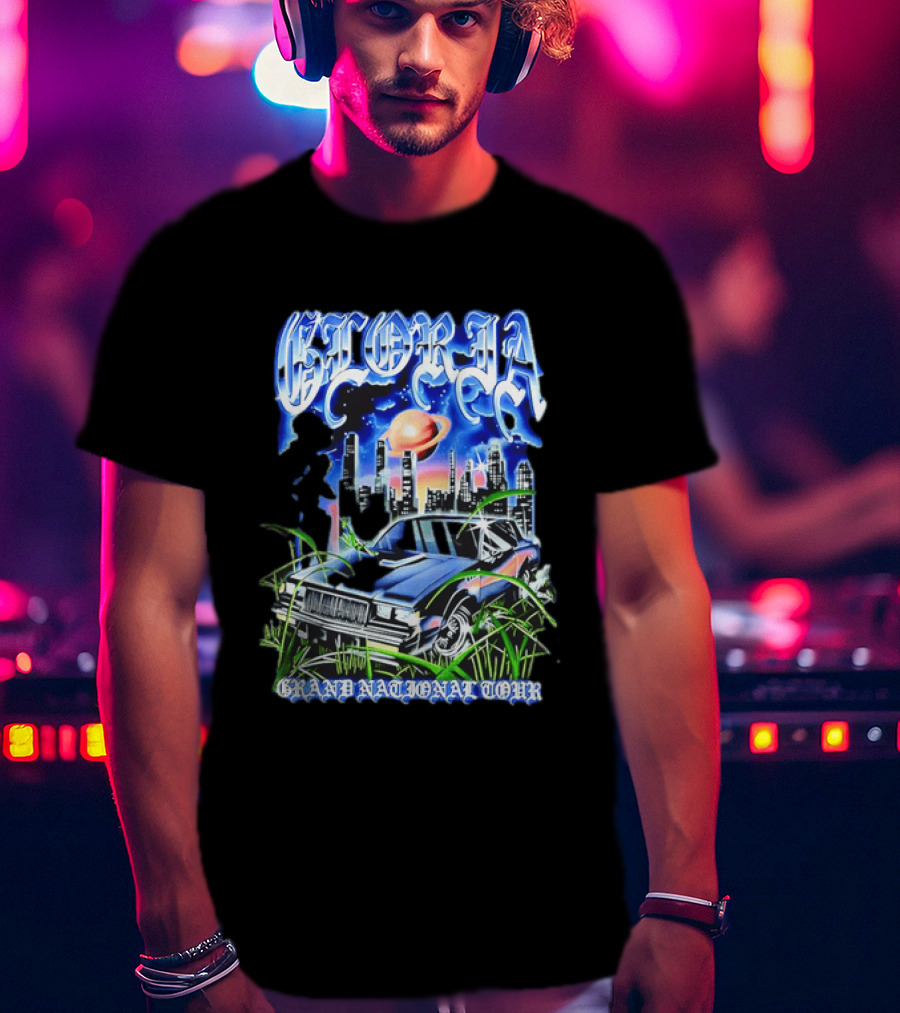 Gloria Grand National Tour Classic Car City Skyline Planet T-Shirt