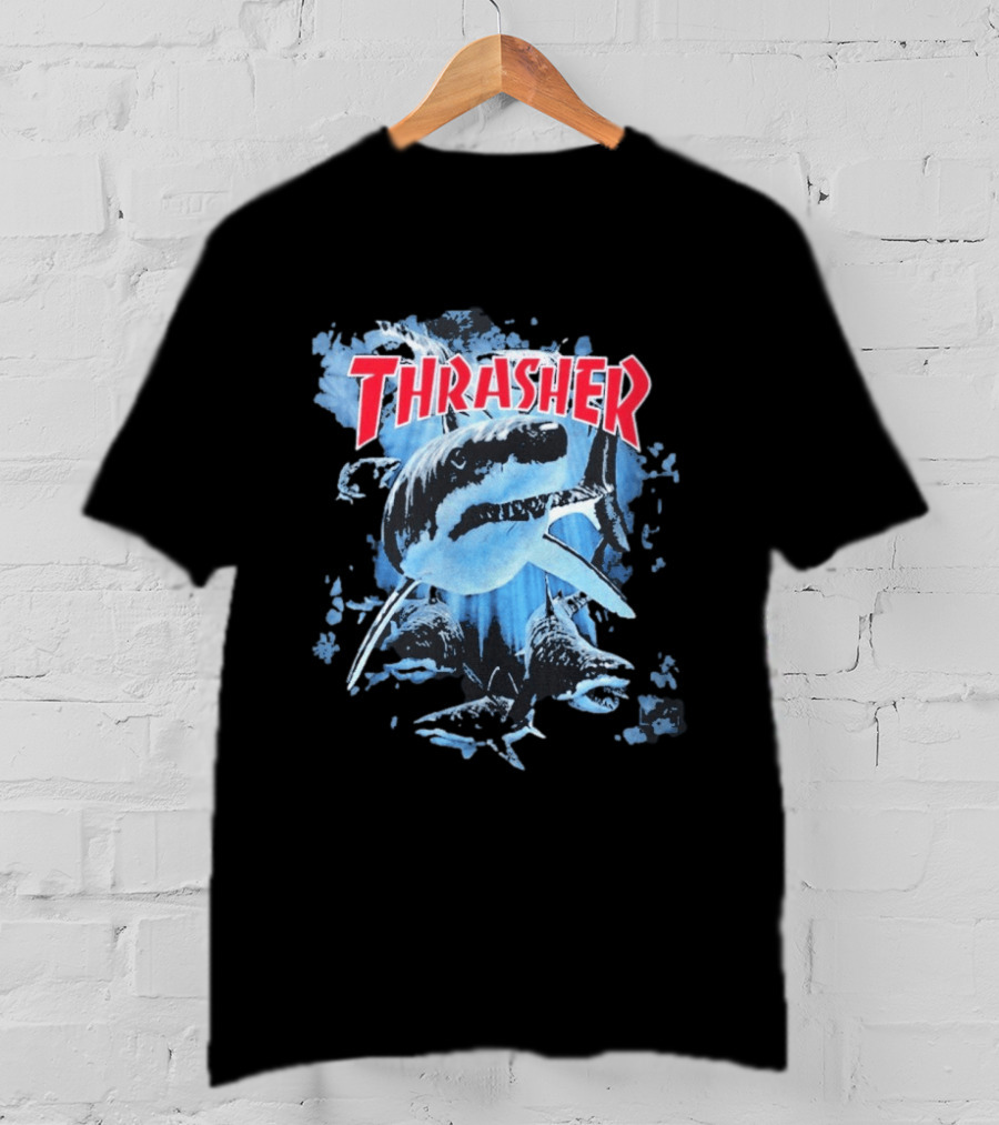 Thrasher Shark Blue Print Skateboarding T-Shirt
