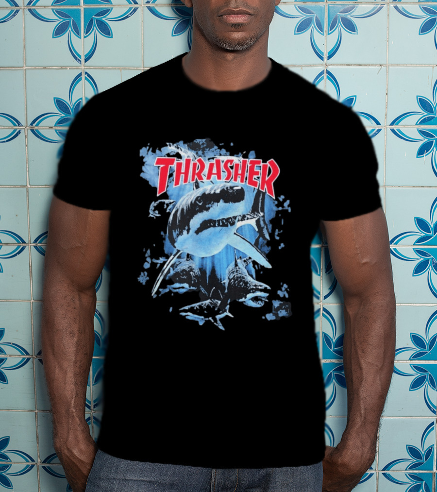 Thrasher Shark Blue Print Skateboarding T-Shirt