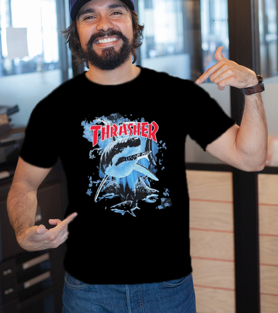 Thrasher Shark Blue Print Skateboarding T-Shirt
