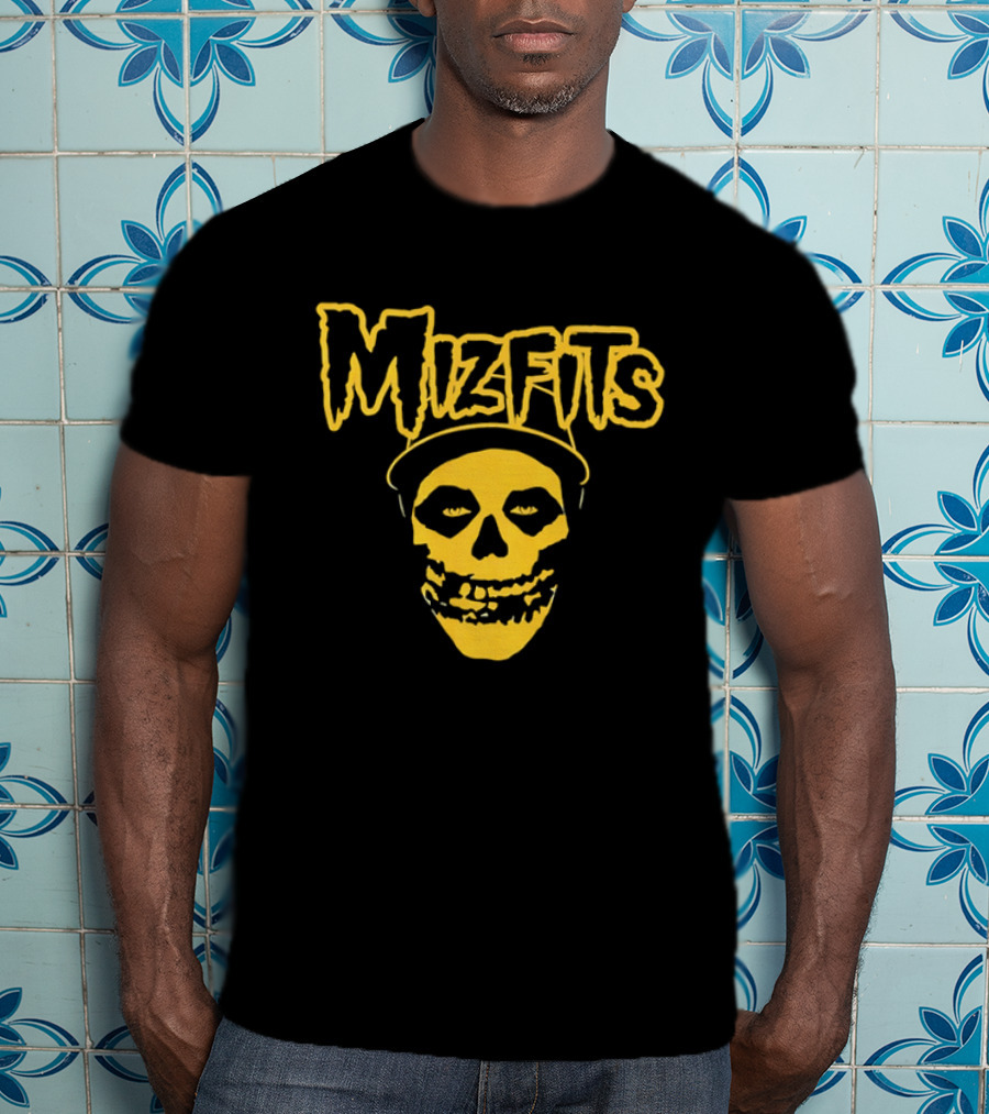 Mizfits Yellow Dripping Horror Font Skull In Baseball Cap T-Shirt
