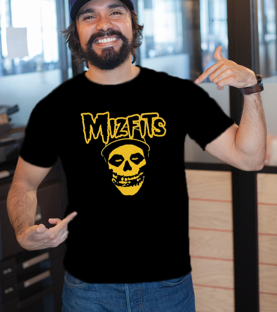 Mizfits Yellow Dripping Horror Font Skull In Baseball Cap T-Shirt