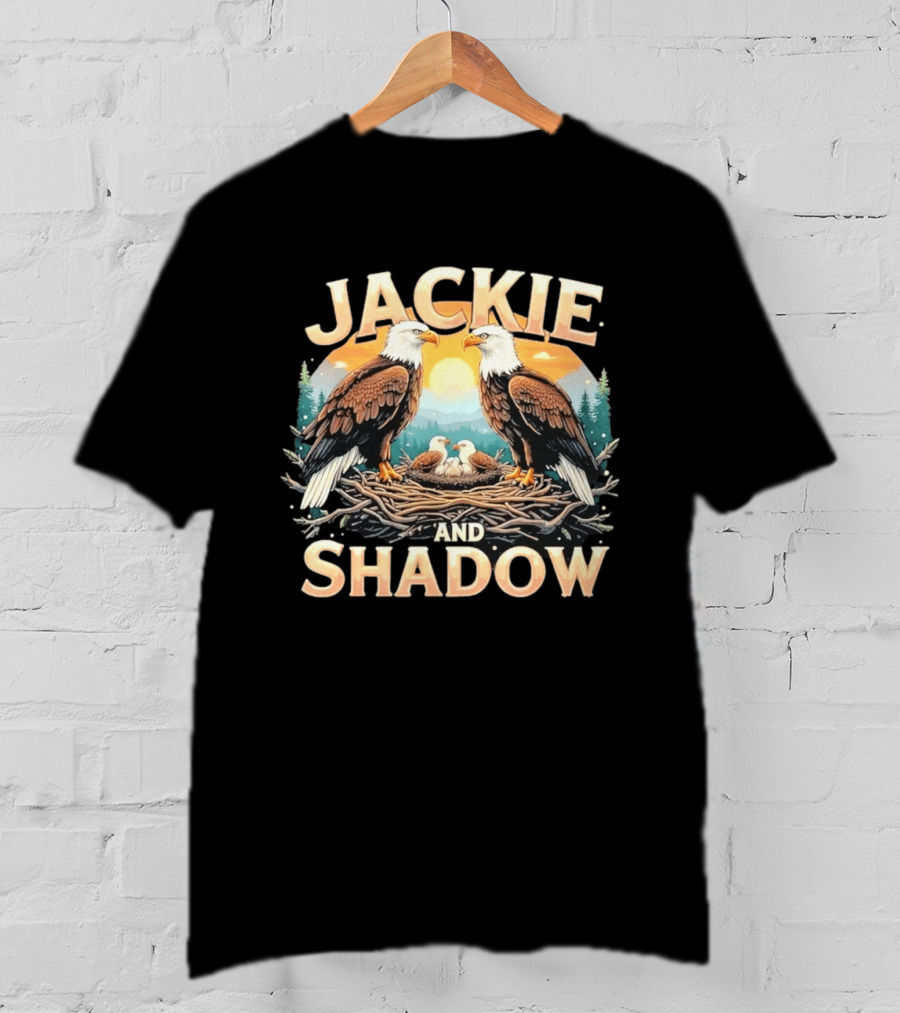 Jackie And Shadow American Eagles Family In Nest With Mountains And Sun T-Shirt