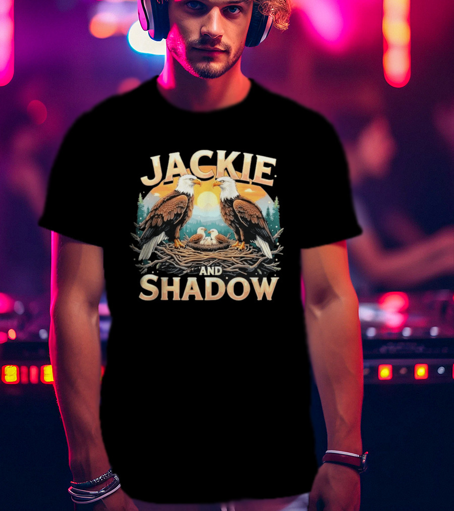Jackie And Shadow American Eagles Family In Nest With Mountains And Sun T-Shirt