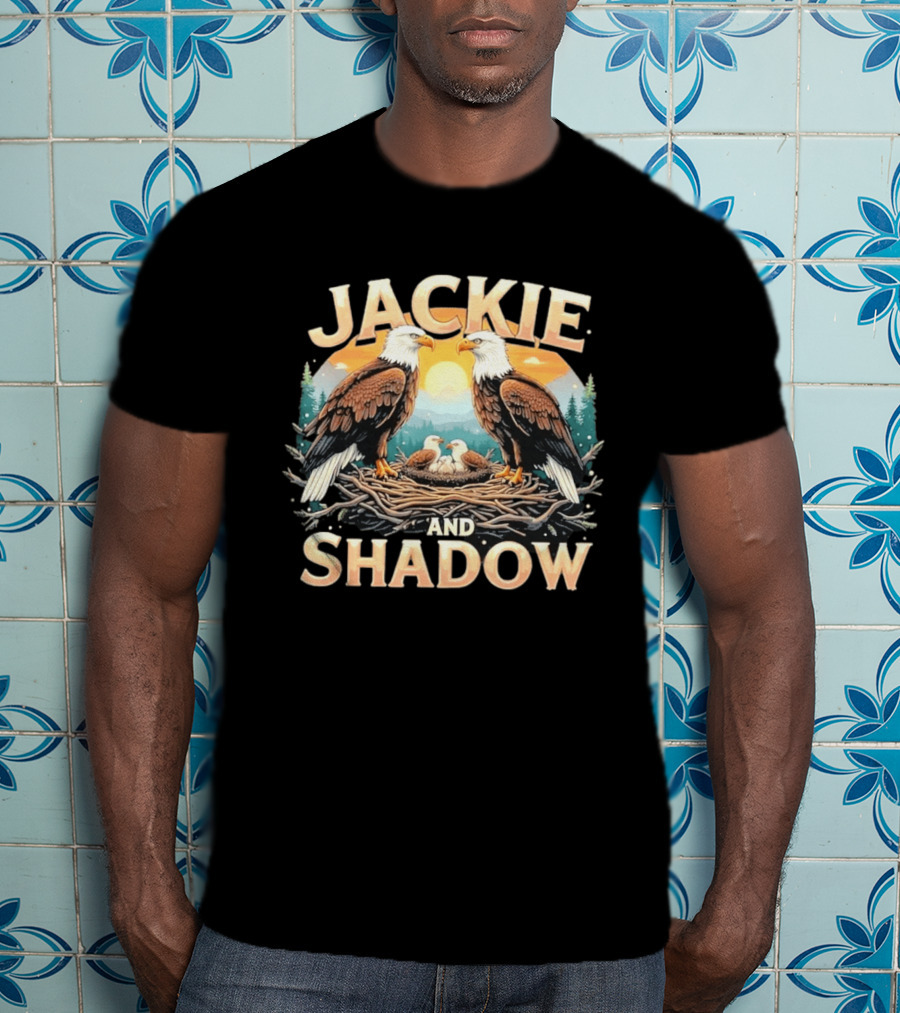 Jackie And Shadow American Eagles Family In Nest With Mountains And Sun T-Shirt