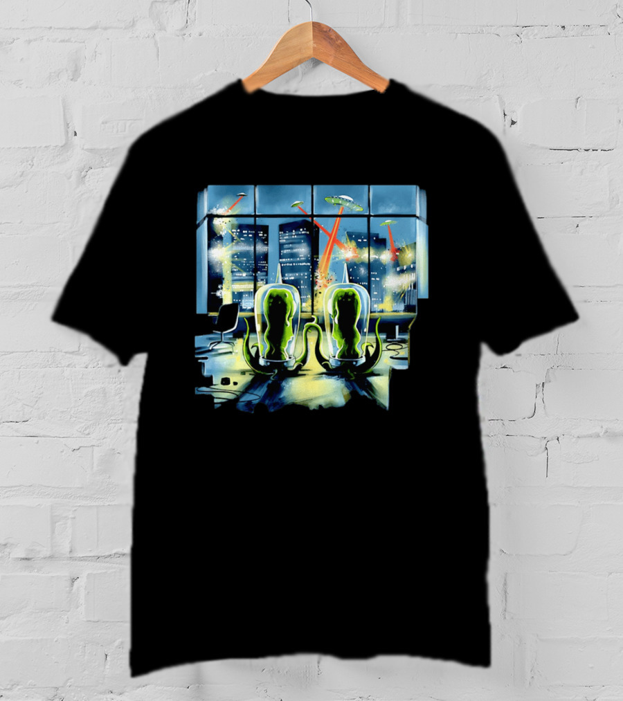 Project Rigel Alien Invasion City Battle Scene With Flying Saucers And Lasers T-Shirt