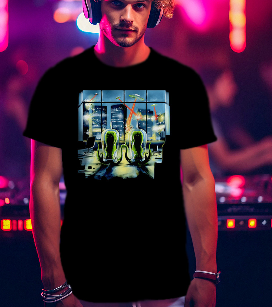 Project Rigel Alien Invasion City Battle Scene With Flying Saucers And Lasers T-Shirt
