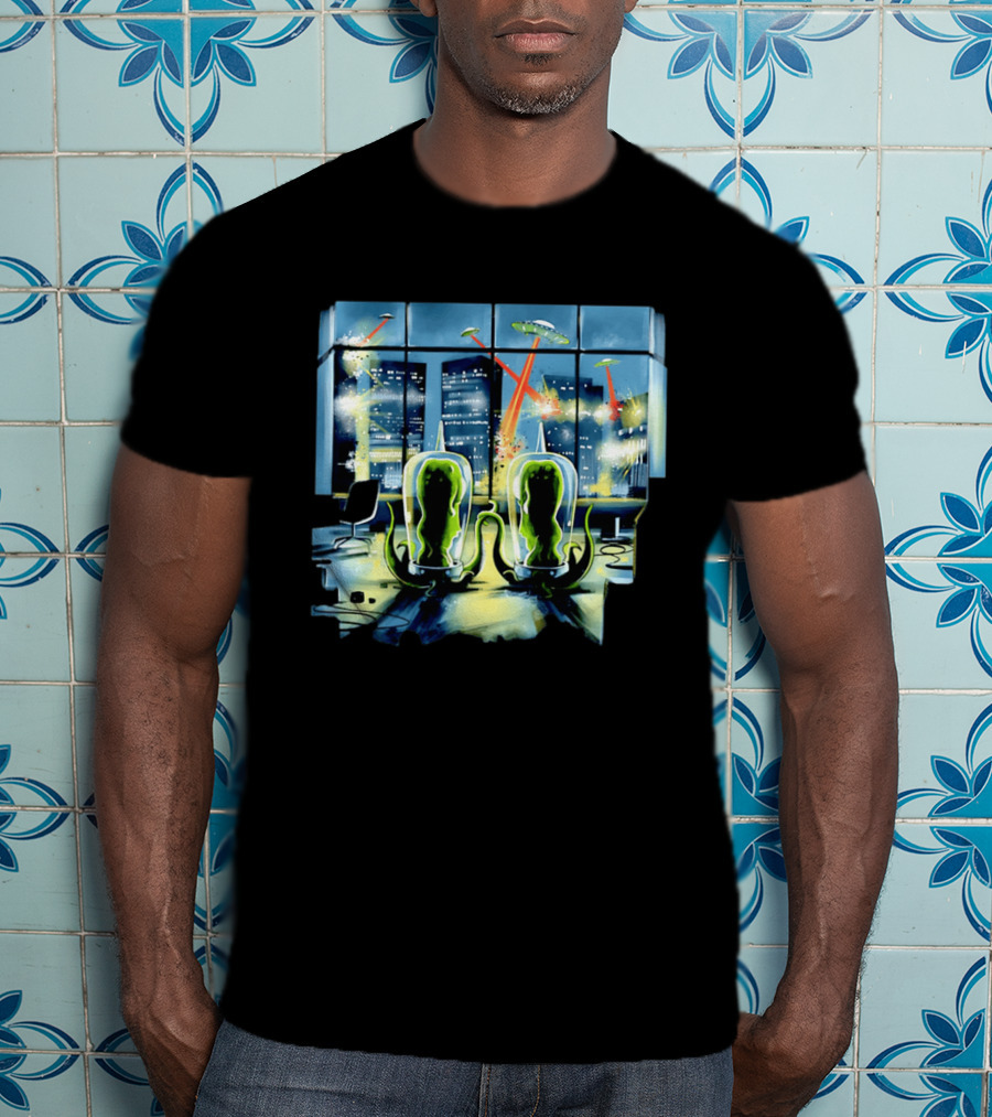 Project Rigel Alien Invasion City Battle Scene With Flying Saucers And Lasers T-Shirt