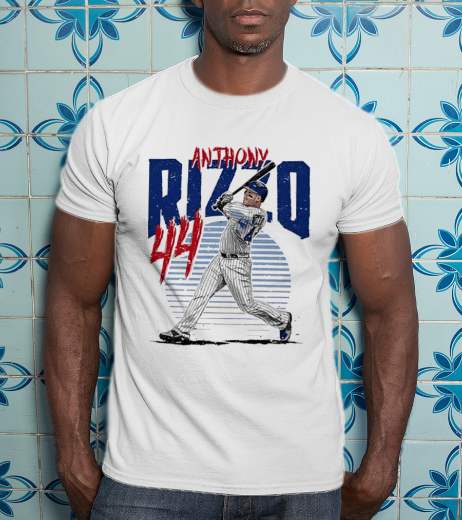 Anthony Rizzo 44 Baseball Batter Swinging Striped Sun Distressed T-Shirt