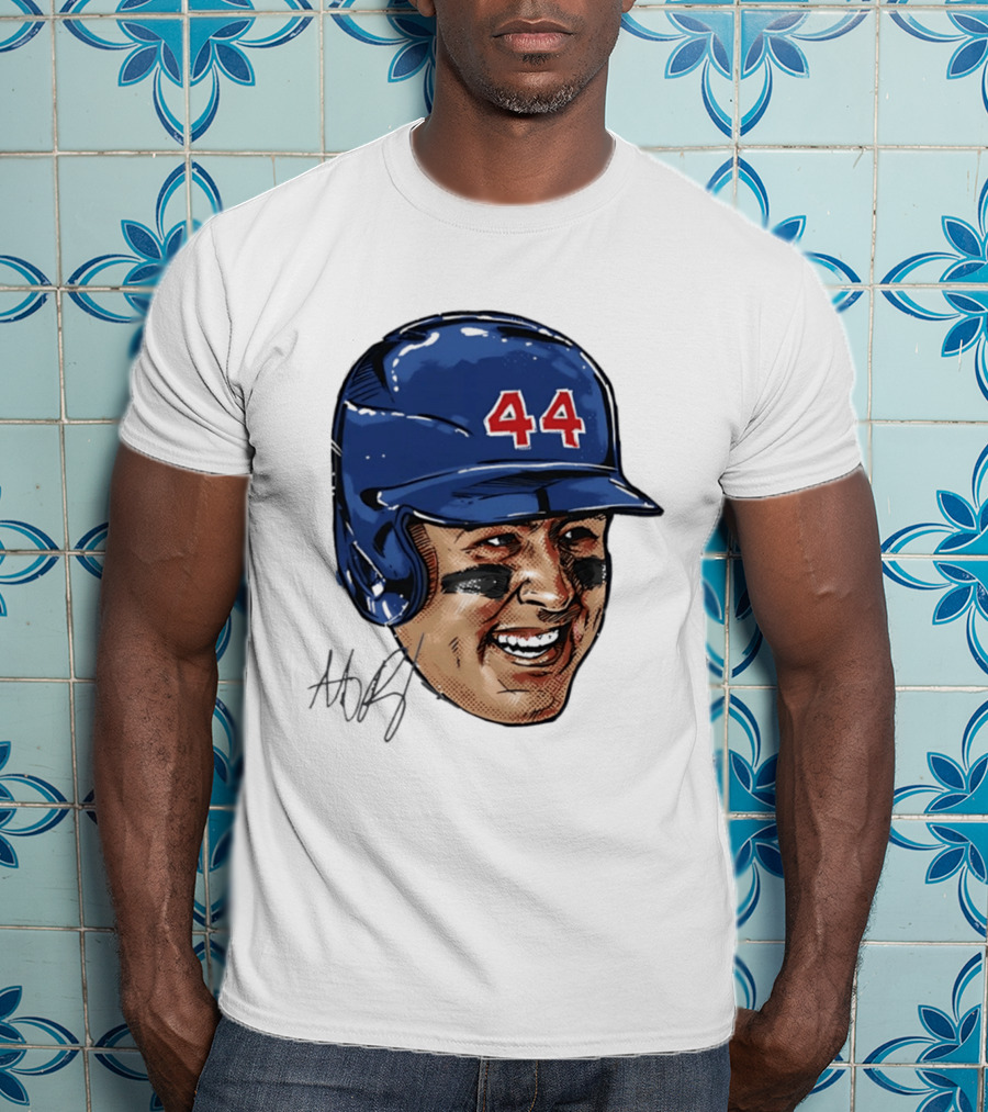 Anthony Rizzo 44 Blue Helmet Halftone Caricature T-Shirt