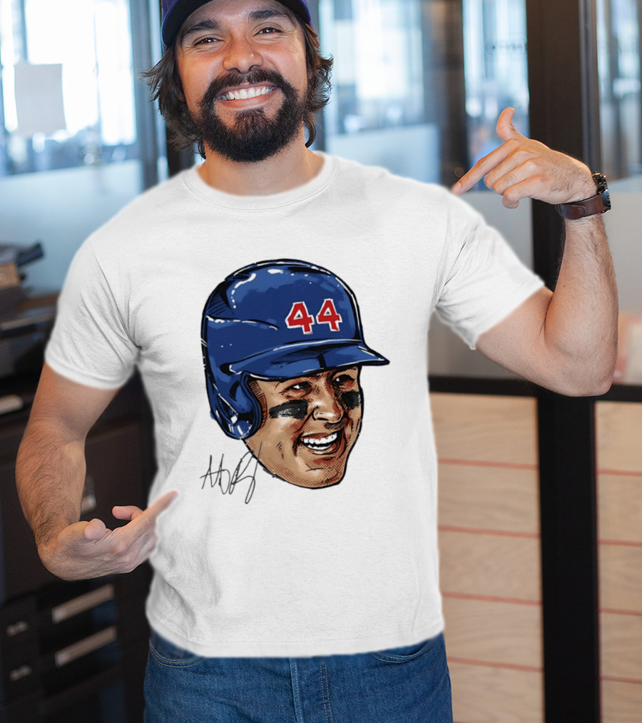 Anthony Rizzo 44 Blue Helmet Halftone Caricature T-Shirt