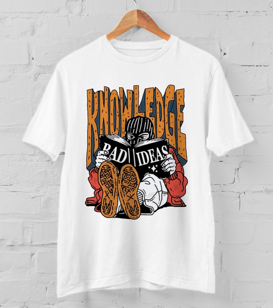 Knowledge Bad Ideas Elyski Balaclava Reading Book Shoe Soles Halftone Cartoon T-Shirt