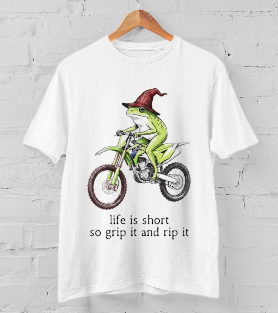 Life Is Short So Grip It And Rip It Frog Red Wizard Hat Green Dirt Bike Adventure T-Shirt