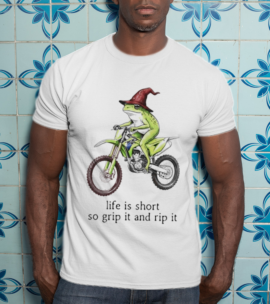 Life Is Short So Grip It And Rip It Frog Red Wizard Hat Green Dirt Bike Adventure T-Shirt