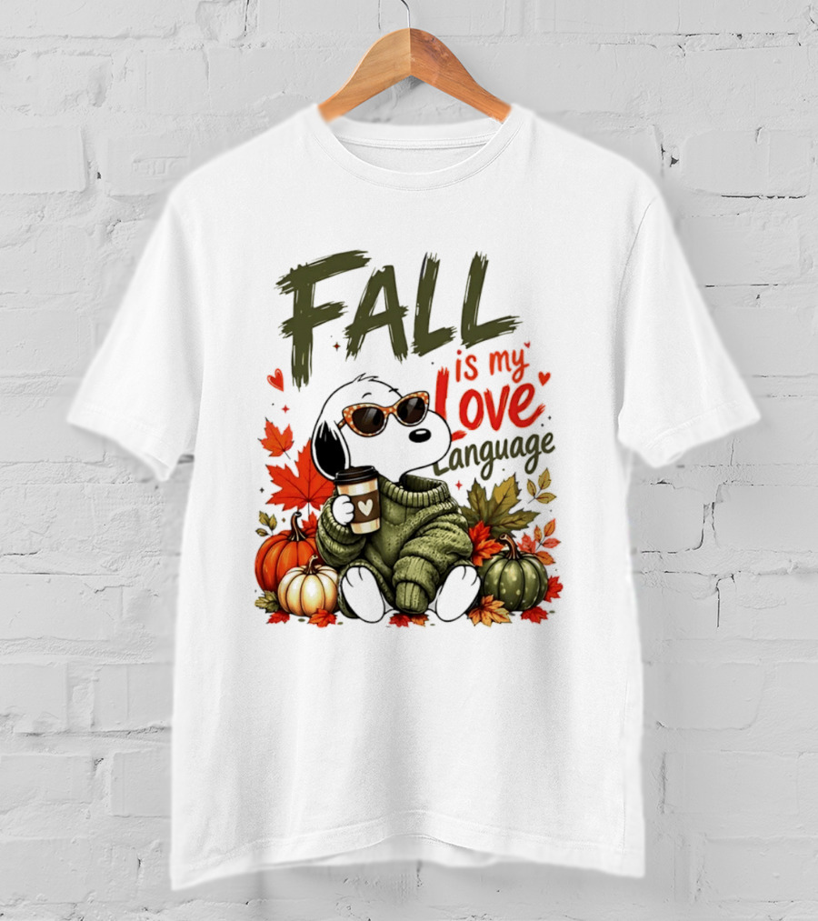 Fall Is My Love Language Cartoon Dog Cozy Green Sweater Pumpkins Leaves Coffee T-Shirt