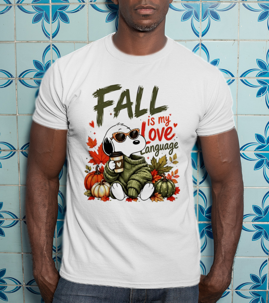 Fall Is My Love Language Cartoon Dog Cozy Green Sweater Pumpkins Leaves Coffee T-Shirt
