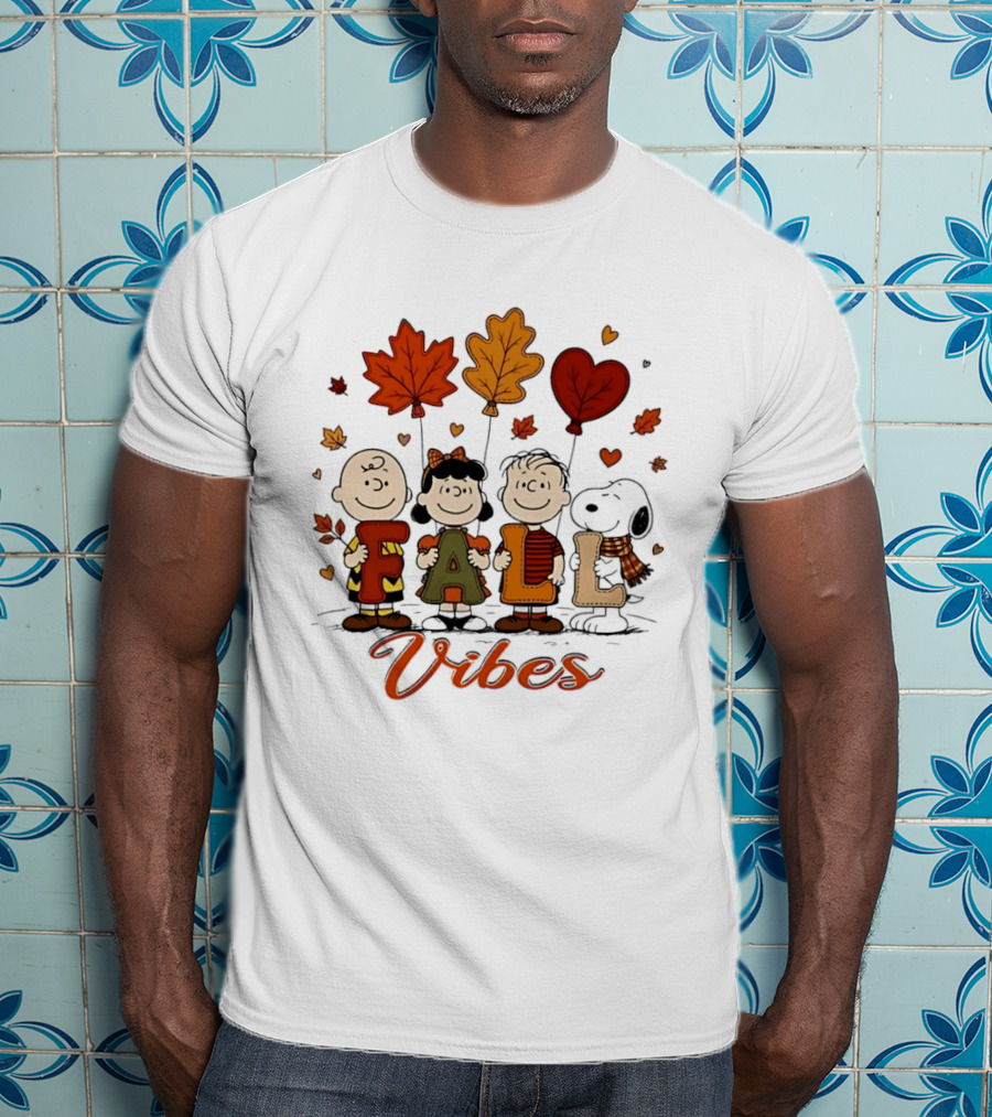 Fall Vibes Peanuts Characters With Leaf Balloons T-Shirt