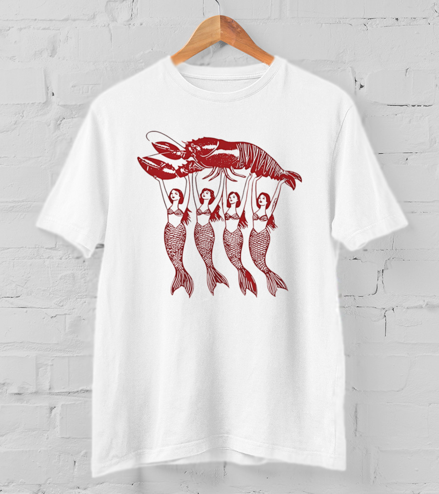 Four Mermaids Holding A Lobster Vintage Red Sea Creature T-Shirt