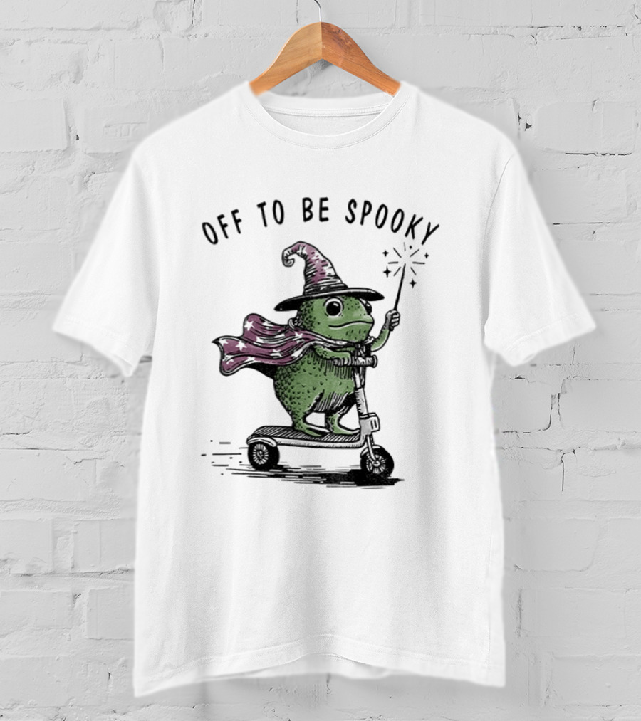 Frog Wizard On Scooter With Cape Off To Be Spooky Magic Wand T-Shirt