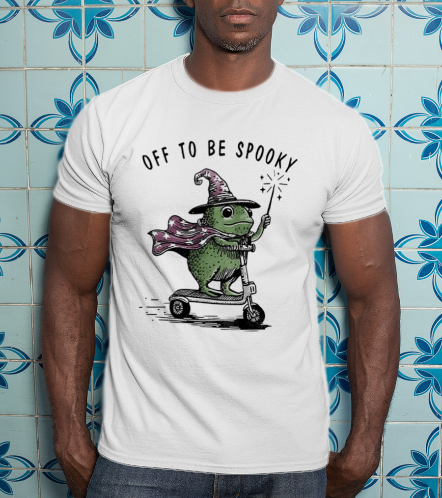 Frog Wizard On Scooter With Cape Off To Be Spooky Magic Wand T-Shirt