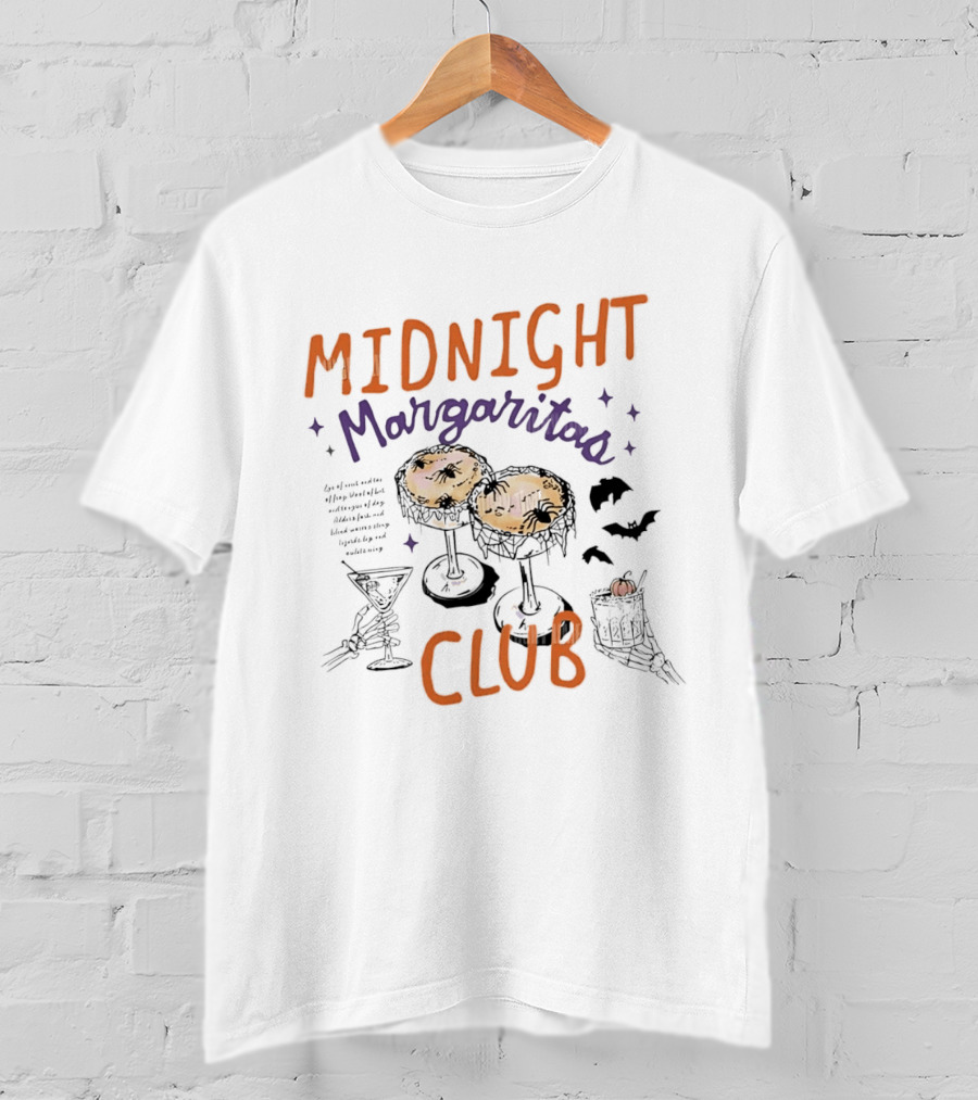 Midnight Margaritas Club Spooky Cocktail Skeleton Hands Bats And Spiderwebs T-Shirt