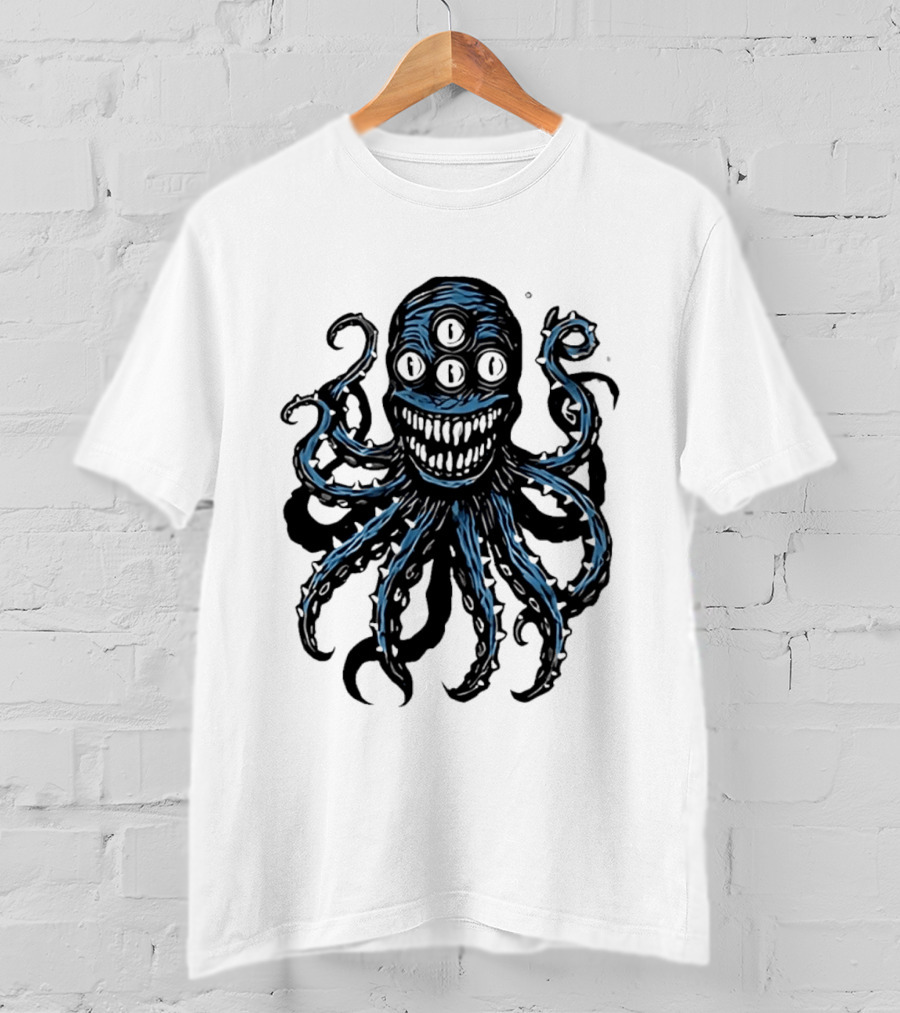Monstrous Spiky Tentacles Blue Octopus Woodcut T-Shirt