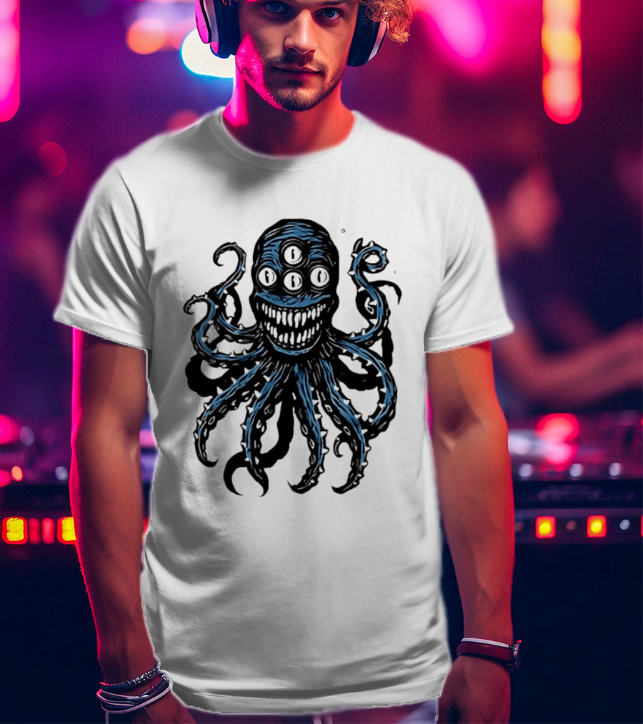 Monstrous Spiky Tentacles Blue Octopus Woodcut T-Shirt