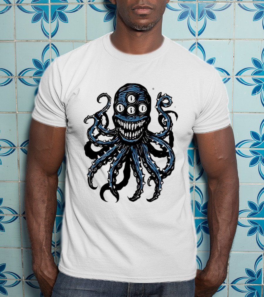 Monstrous Spiky Tentacles Blue Octopus Woodcut T-Shirt