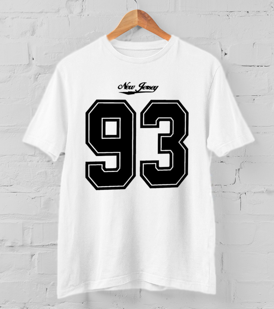 New Jersey 93 Cursive Script Black Varsity Block Number T-Shirt