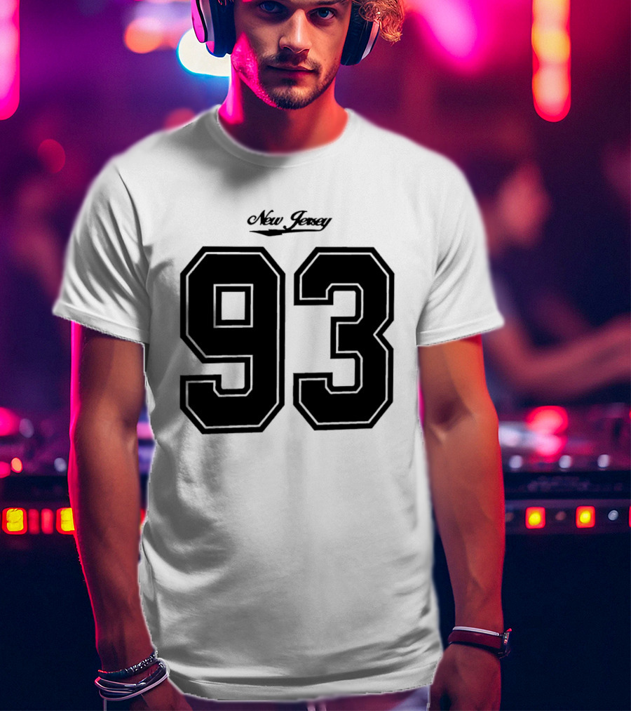 New Jersey 93 Cursive Script Black Varsity Block Number T-Shirt