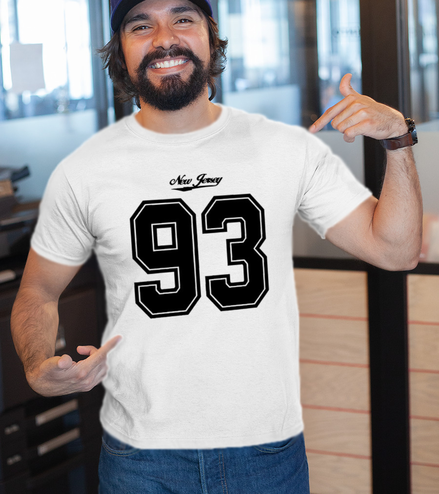 New Jersey 93 Cursive Script Black Varsity Block Number T-Shirt