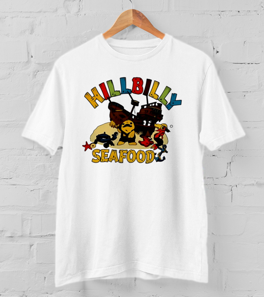 Hillbilly Seafood Cartoon Pirate Ship And Ocean Life Fish Adventure T-Shirt