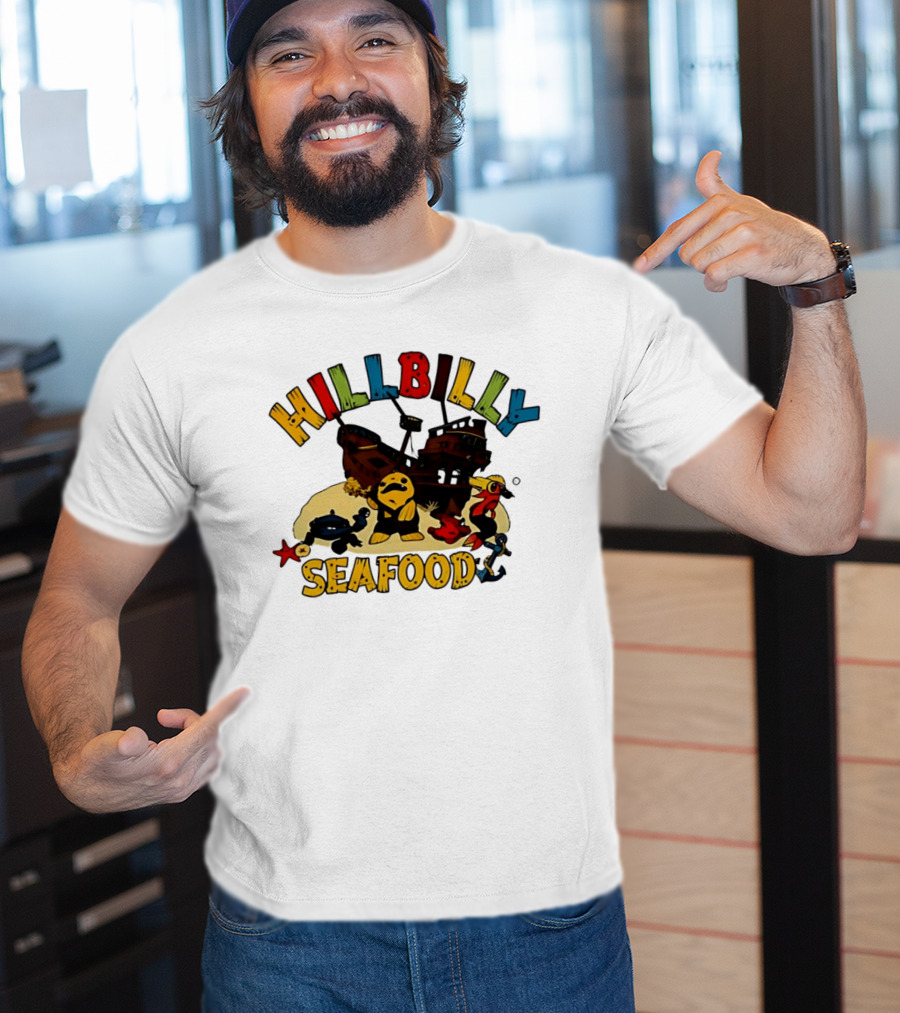 Hillbilly Seafood Cartoon Pirate Ship And Ocean Life Fish Adventure T-Shirt