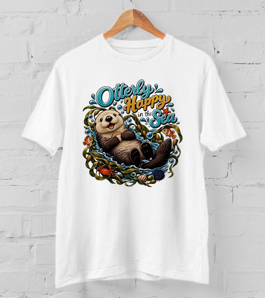 Otterly Happy In The Sea Cartoon Otter Floating With Kelp, Shell, Fish, Crab T-Shirt