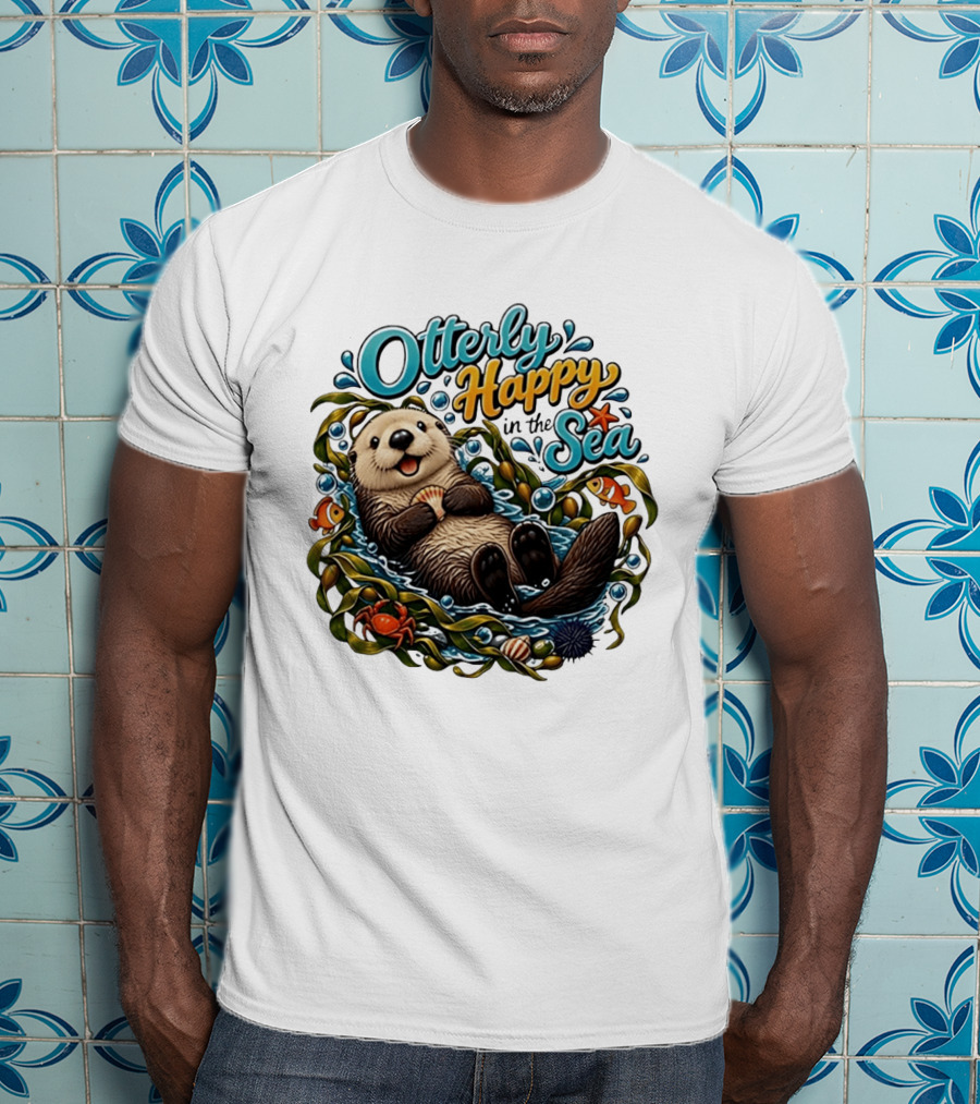 Otterly Happy In The Sea Cartoon Otter Floating With Kelp, Shell, Fish, Crab T-Shirt