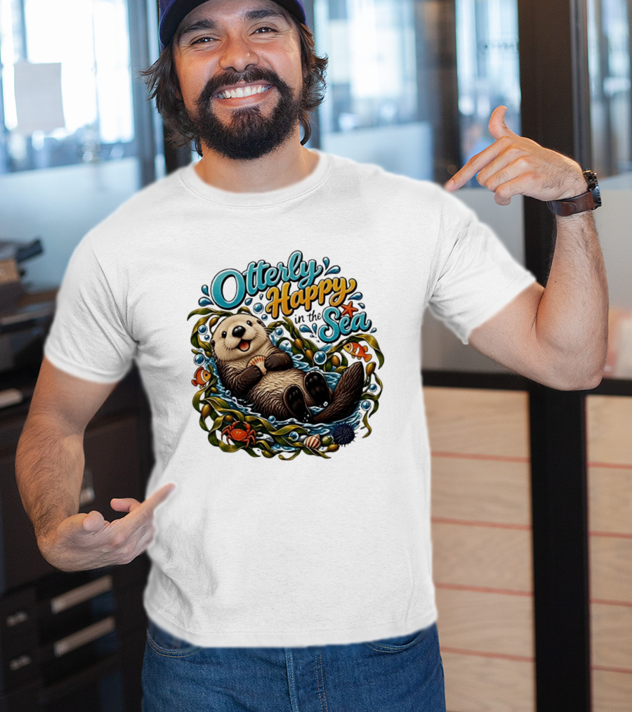 Otterly Happy In The Sea Cartoon Otter Floating With Kelp, Shell, Fish, Crab T-Shirt