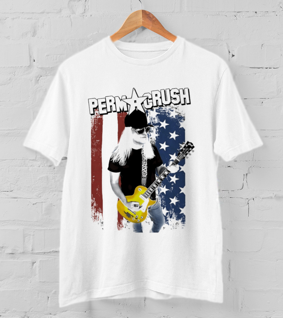 Perm A Crush Long Blonde Hair Yellow Guitar American Flag T-Shirt