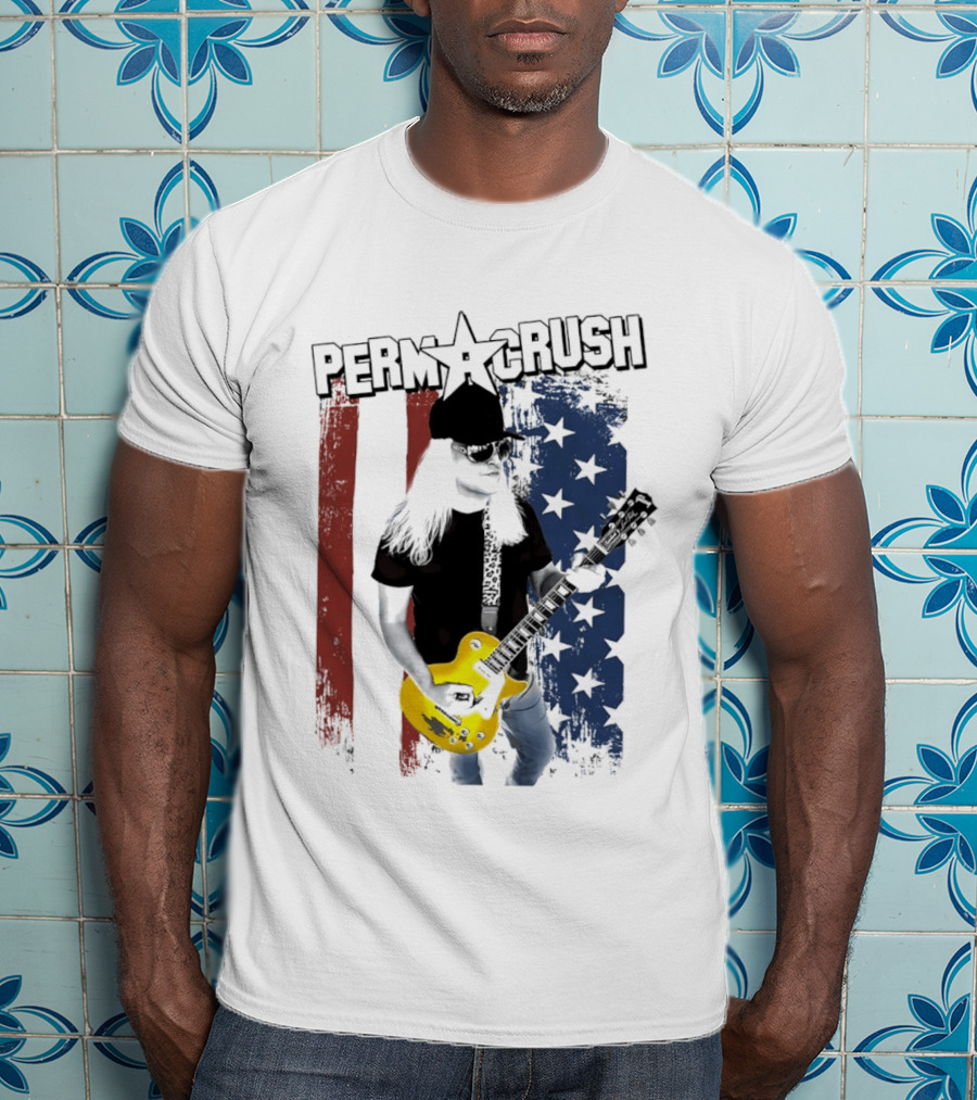 Perm A Crush Long Blonde Hair Yellow Guitar American Flag T-Shirt