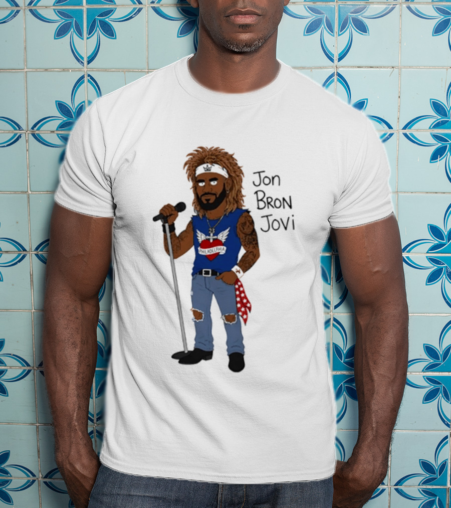 Philadelphia Jon Bron Jovi Cartoon Caricature Rockstar Holding Microphone Bandana Tattoo T-Shirt