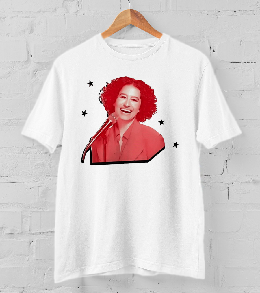 Red Tinted Woman Curly Hair Microphone Black Stars T-Shirt