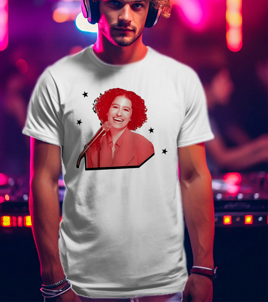 Red Tinted Woman Curly Hair Microphone Black Stars T-Shirt