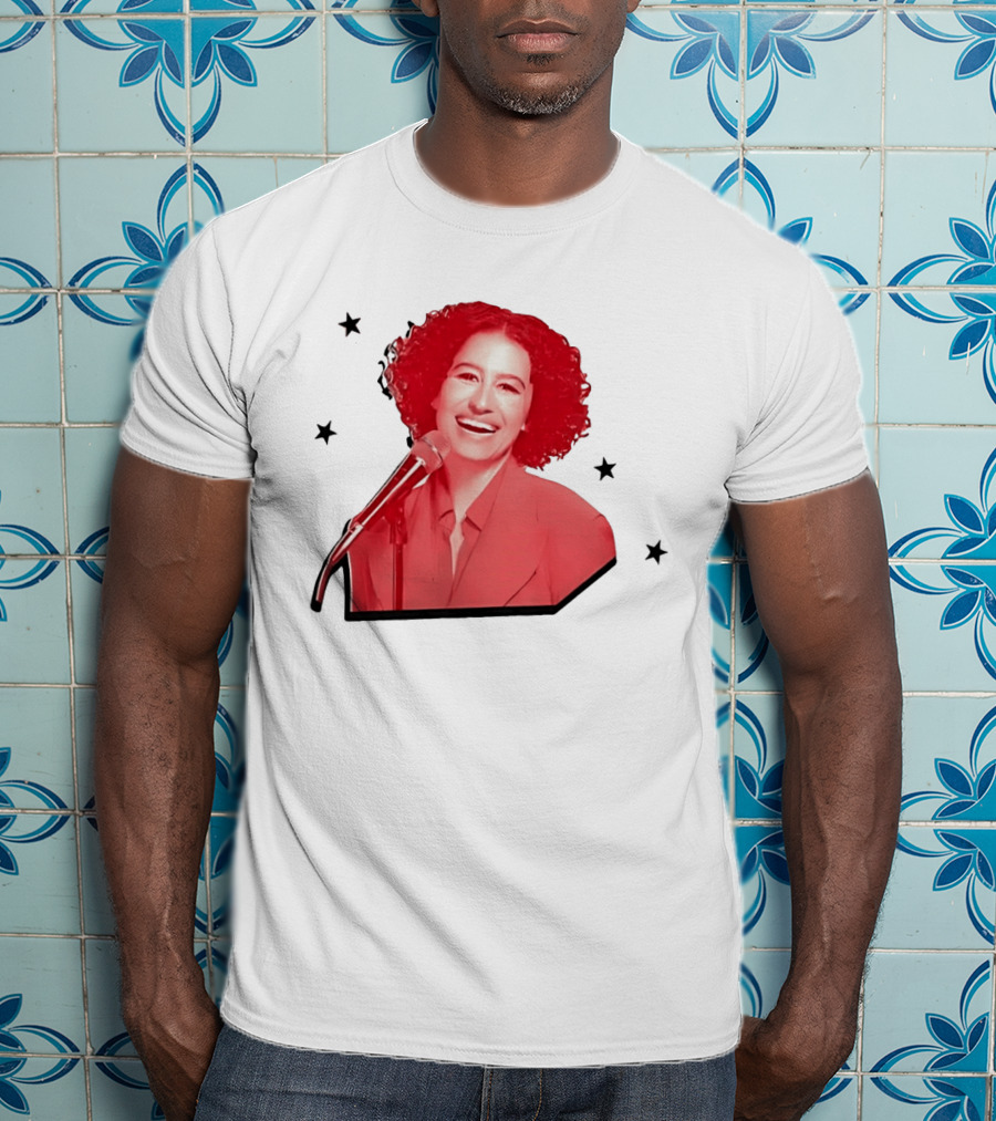 Red Tinted Woman Curly Hair Microphone Black Stars T-Shirt
