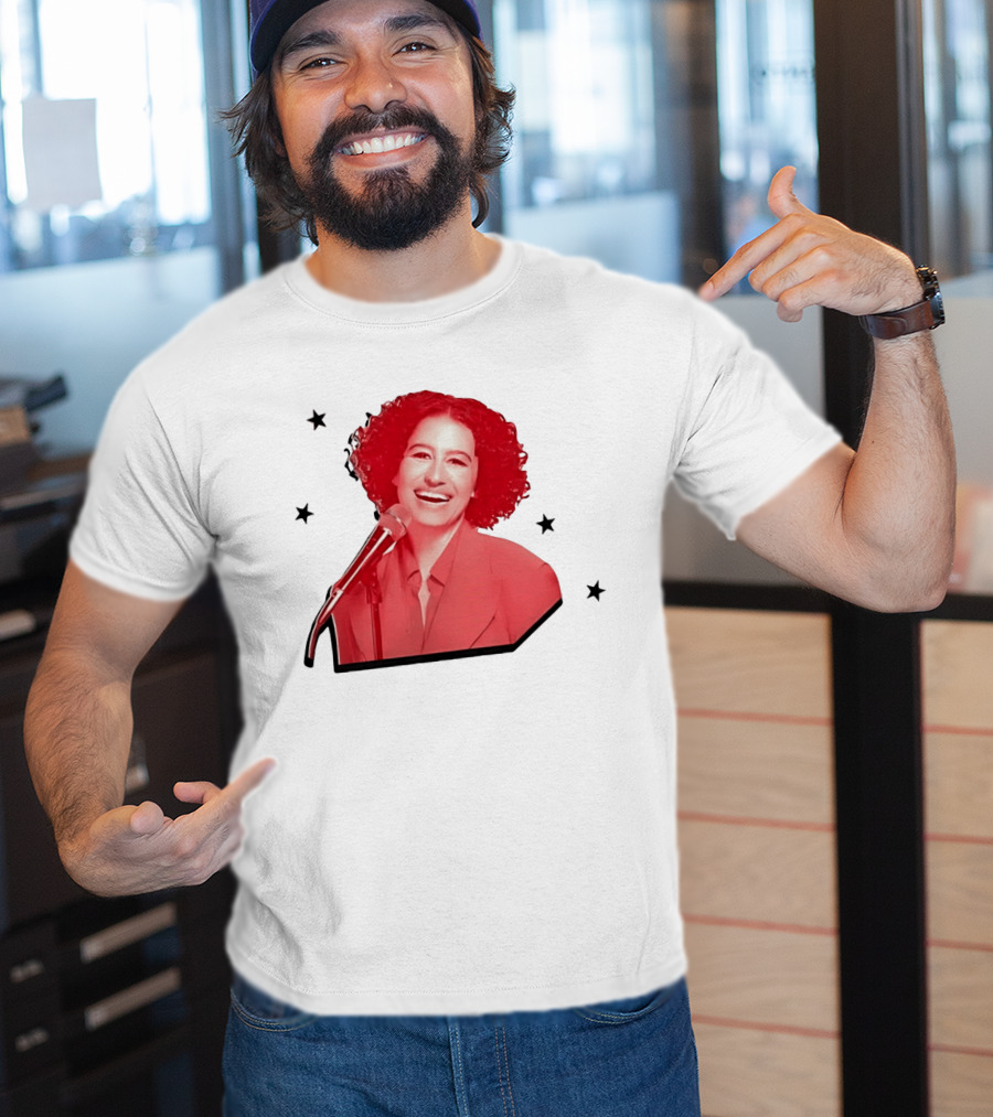 Red Tinted Woman Curly Hair Microphone Black Stars T-Shirt