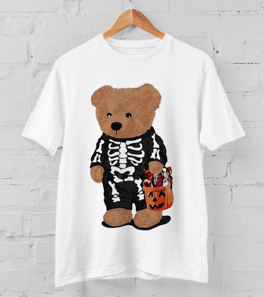 Teddy Bear Skeleton Costume Jack O Lantern Pumpkin Candy Cartoon T-Shirt