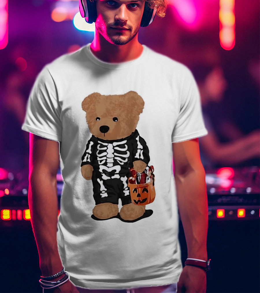 Teddy Bear Skeleton Costume Jack O Lantern Pumpkin Candy Cartoon T-Shirt