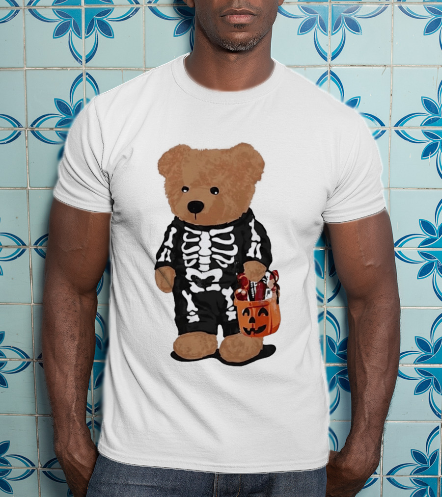 Teddy Bear Skeleton Costume Jack O Lantern Pumpkin Candy Cartoon T-Shirt