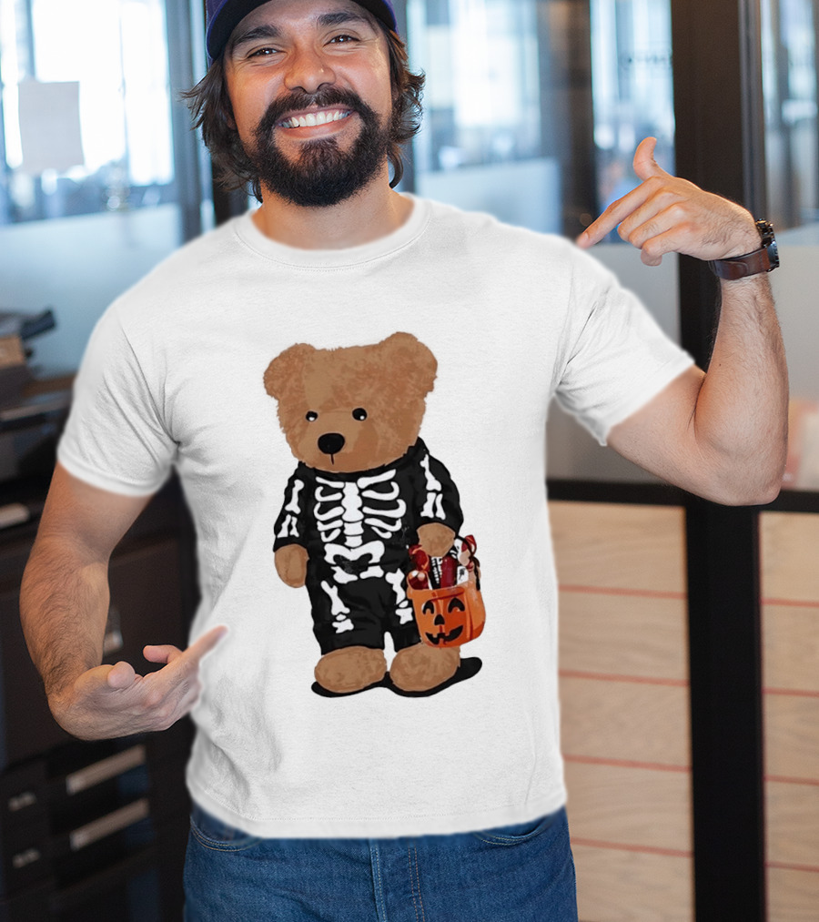 Teddy Bear Skeleton Costume Jack O Lantern Pumpkin Candy Cartoon T-Shirt