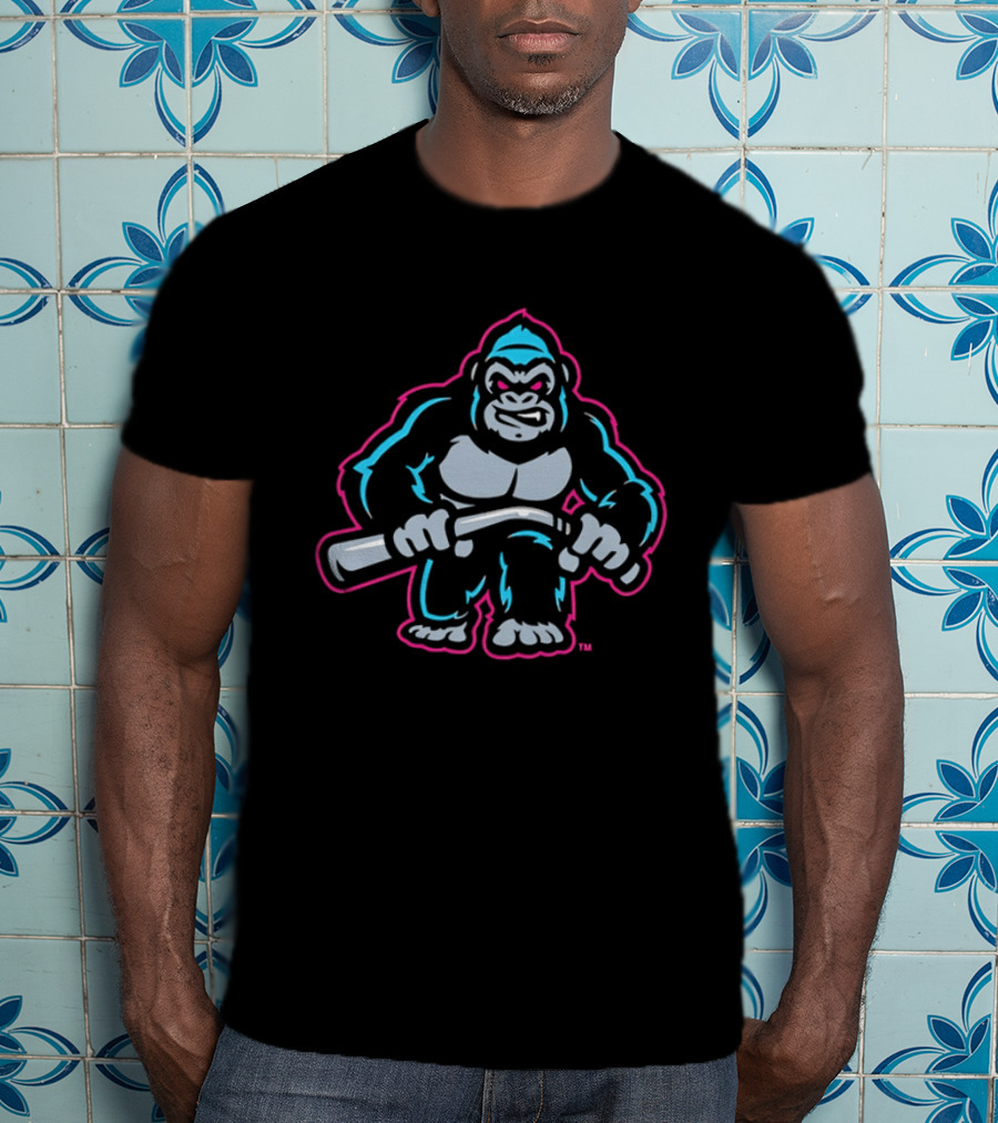 Aggressive Gorilla With Hockey Stick Neon T-Shirt