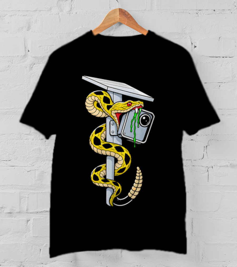 Cartoon Yellow Rattlesnake Biting Security Camera Solar Panel Pole Dripping Venom T-Shirt