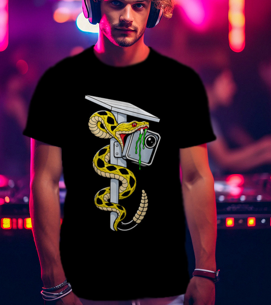 Cartoon Yellow Rattlesnake Biting Security Camera Solar Panel Pole Dripping Venom T-Shirt